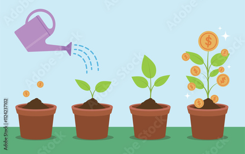 Money tree in pot. Finance profit growth infographic with stages of plant grow coins. Economy business investment or revenue vector concept. Income strategy, increasing and saving earning