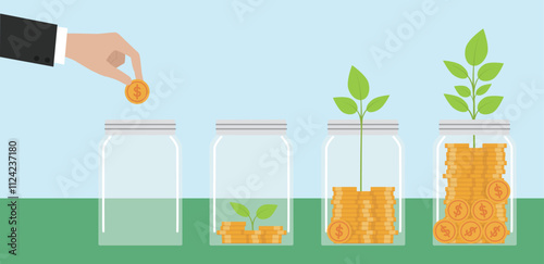 Investment and finance growth business concept. Hand putting coin in clear bottle. Green tree growing from money coins. Saving money.