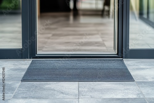 Close up view of a store entrance featuring a gray tile threshold rubber mat and open glass door with a metal handle unoccupied