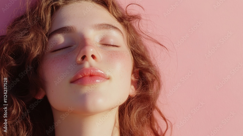 Radiant young woman with closed eyes on a soft pink background, symbolizing calmness and effective skincare solutions Radiant young woman with closed eyes on a soft pink background, symbolizing calmness and effective skincare solutions