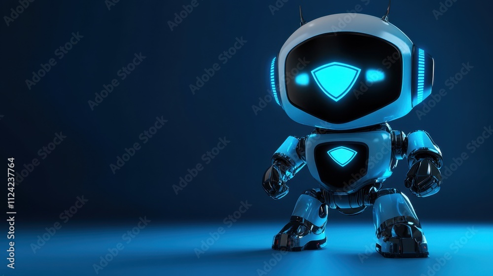 Robot showcasing glowing cyber shield on a vivid blue backdrop, symbolizing digital safety and modern innovation with copy space Robot showcasing glowing cyber shield on a vivid blue backdrop, symbolizing digital safety and modern innovation with copy space