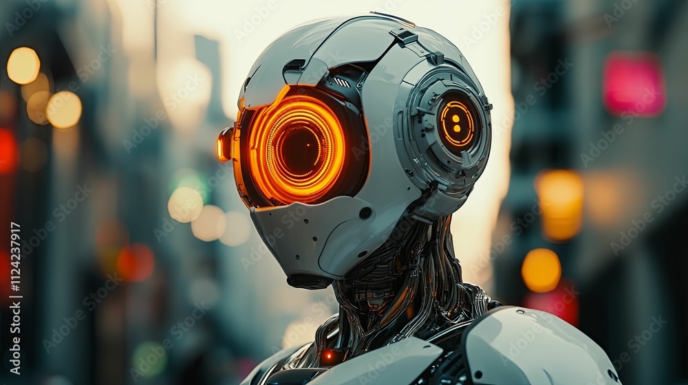 Futuristic Robot Stands In A City Setting Futuristic Robot Stands In A City Setting