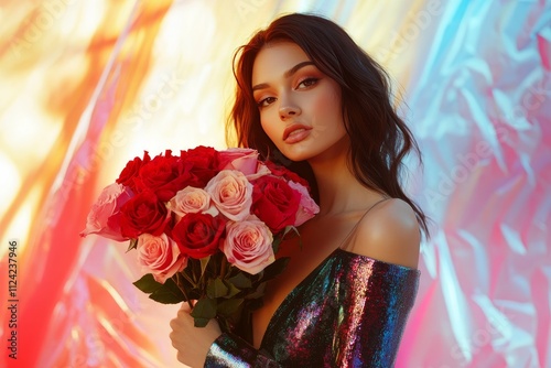 Sexy slim beautiful young woman in a stylish outfit holding a bouquet of roses, half-body portrait, vibrant indoor background, festive Mother's Day theme.  photo