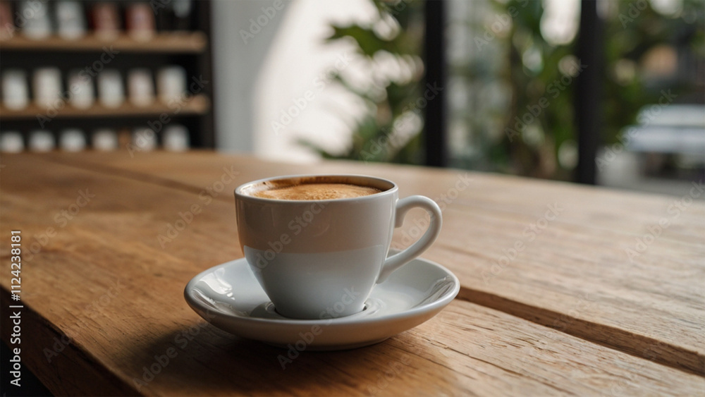 A cup of coffee on a wooden table with a saucer, spoon, and plate, showcasing a warm, inviting breakfast scene A cup of coffee on a wooden table with a saucer, spoon, and plate, showcasing a warm, inviting breakfast scene
