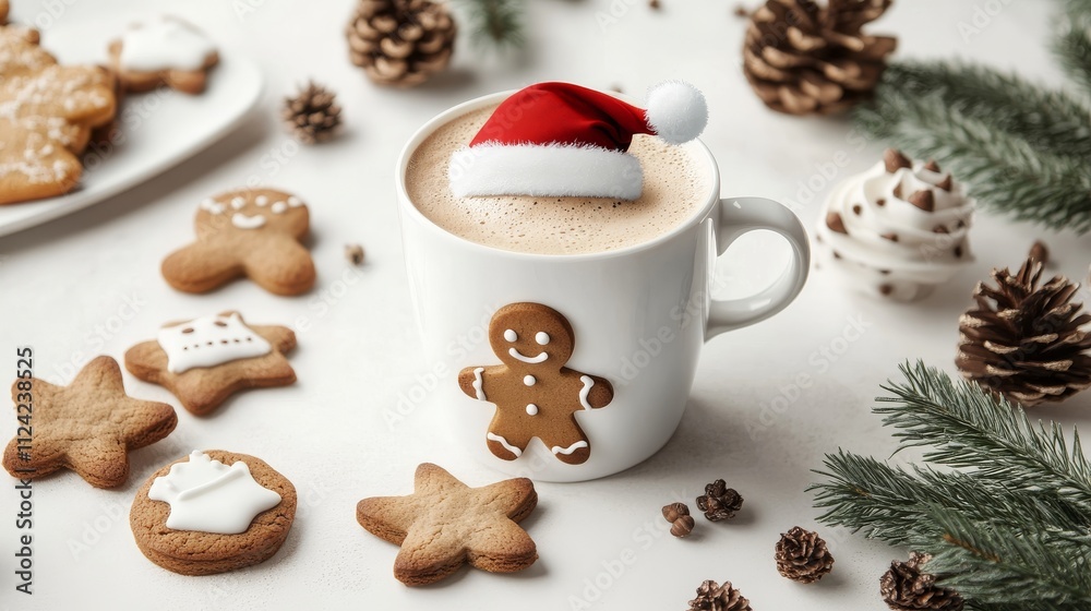 Christmas cocoa mug decorated with gingerbread men surrounded by cookies and pine cones. Christmas cocoa mug decorated with gingerbread men surrounded by cookies and pine cones.