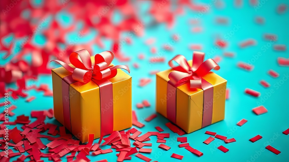Colorful Gift Boxes with Red Confetti on Turquoise - Vibrant AI Art Colorful Gift Boxes with Red Confetti on Turquoise - Vibrant AI Art