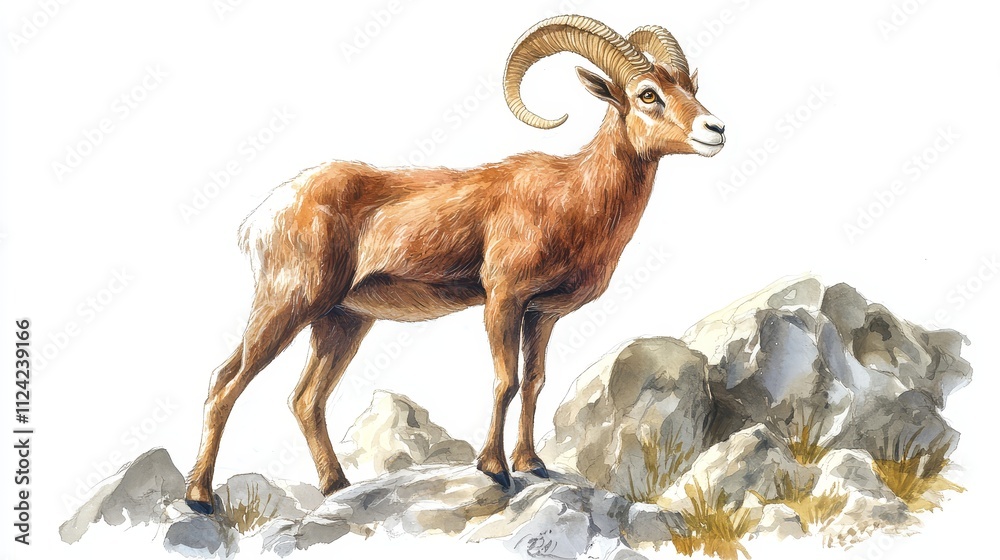 Obraz premium A mountain goat-like urial with curving horns