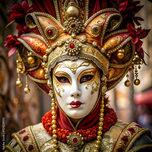 Venetian Carnival Mask with Intricate Gold and Red Details