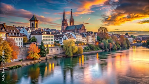 Basel, Switzerland on the Rhine River at Dusk in Autumn , Basel, Switzerland, Rhine River, Dusk, Autumn, Cityscape