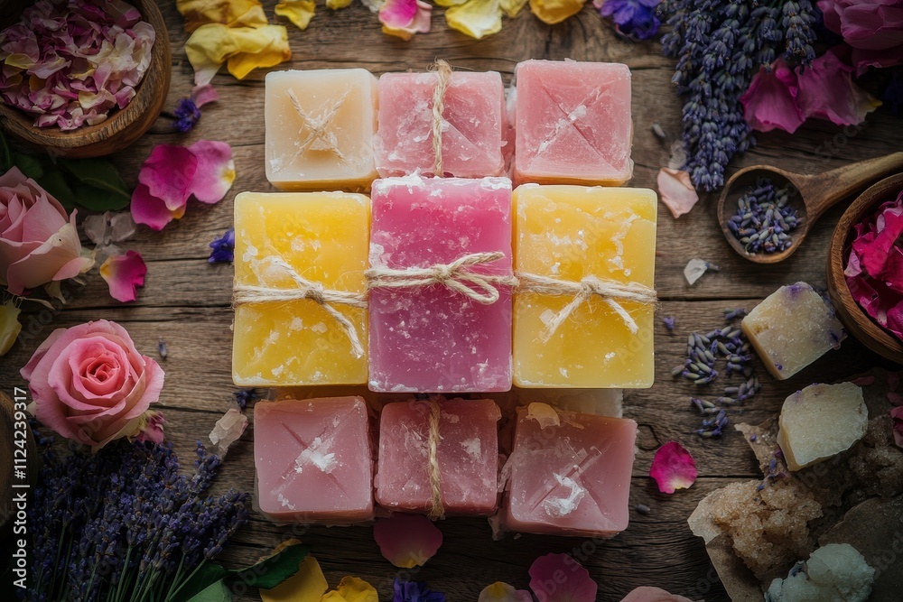 Crafting clear melt and pour soaps in pink and yellow adorned with rose petals and lavender surrounded by ingredients Crafting clear melt and pour soaps in pink and yellow adorned with rose petals and lavender surrounded by ingredients