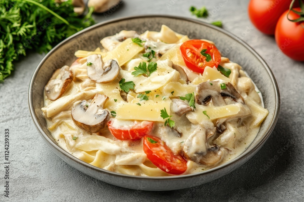 Creamy chicken and mushroom julienne bake topped with cheese on a gray surface Focused shot with space for text Creamy chicken and mushroom julienne bake topped with cheese on a gray surface Focused shot with space for text