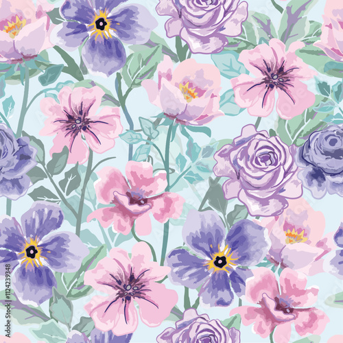 Watercolor pink blue violet rose flower and gren leaf seamless pattern