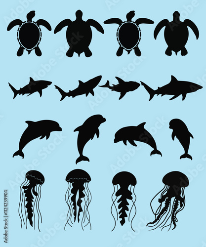 A minimalist collection of black silhouette illustrations featuring sea animals such as sea turtles, sharks, dolphins, and jellyfish 