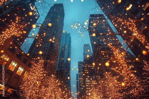 Tall buildings in the downtown area illuminated with festive holiday lights. The lights twinkle