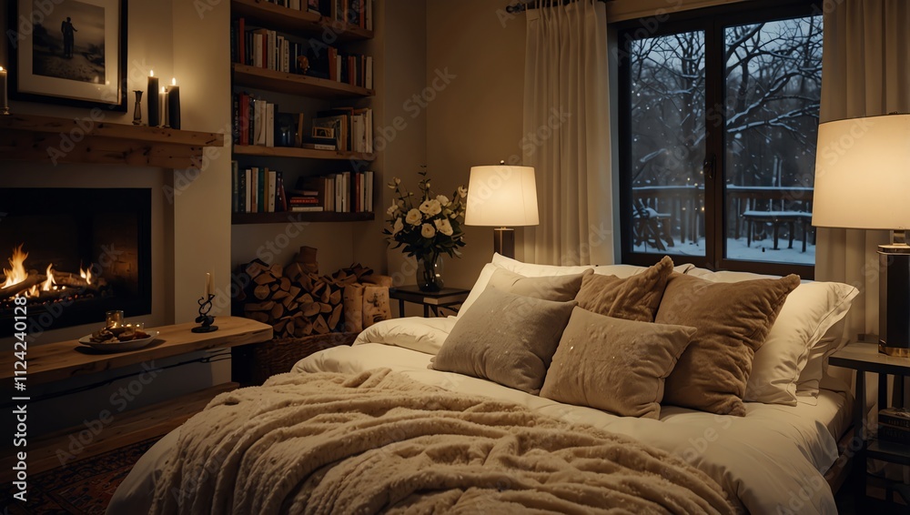 Cozy bedroom with a fireplace, bookshelves, and a bed Cozy bedroom with a fireplace, bookshelves, and a bed