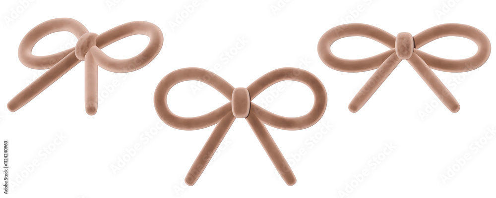 a collection of 3d cute soft brown ribbons or bows on an isolated background, fun-loving bow design emlements a collection of 3d cute soft brown ribbons or bows on an isolated background, fun-loving bow design emlements