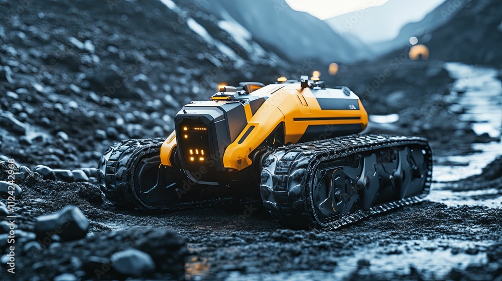 Futuristic Yellow Tracked Vehicle Navigating Rocky Terrain Futuristic Yellow Tracked Vehicle Navigating Rocky Terrain