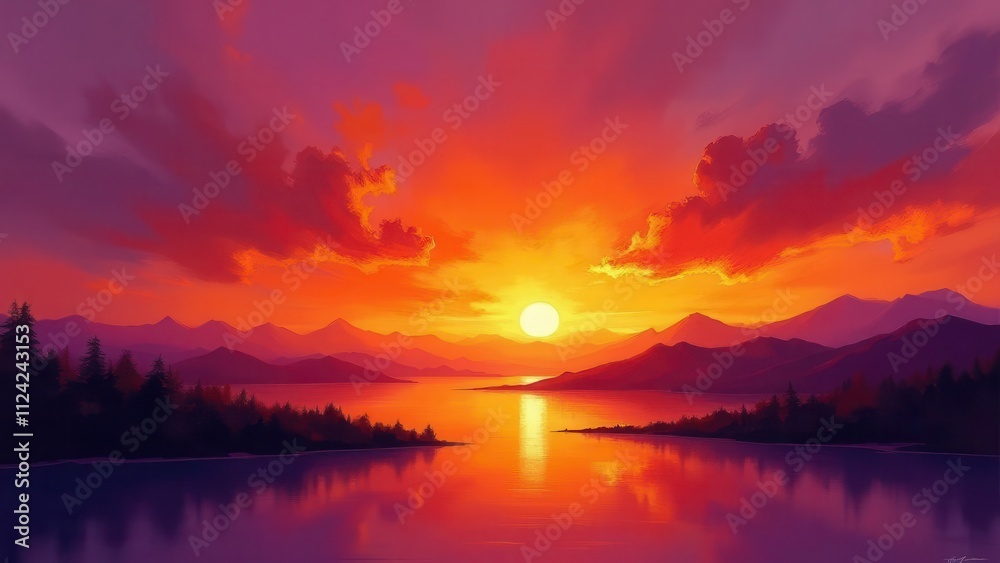 Fototapeta premium Retro blue vibes. Burnt Orange and Royal Purple Dusk,Craft a striking, noise-free sunset backdrop blending burnt orange with royal purple tones, featuring crisp quality visuals in 4K UHD