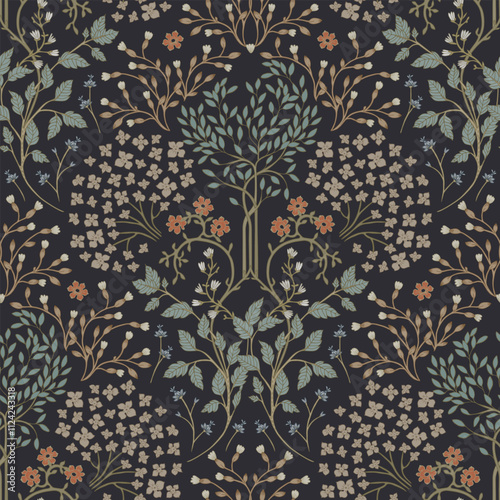 Dark seamless background. Ornamental pattern of stylized plants.