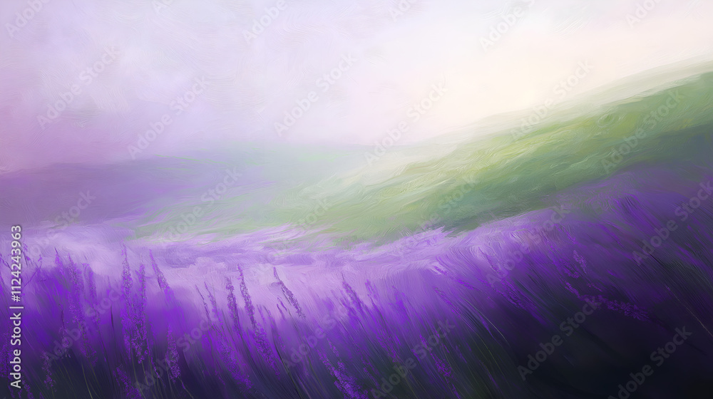 Fototapeta premium Dreamy lavender field in abstract impressionism, shades of purple and green melting into each other, gentle bokeh light effects, high definition background, mock up wallpaper