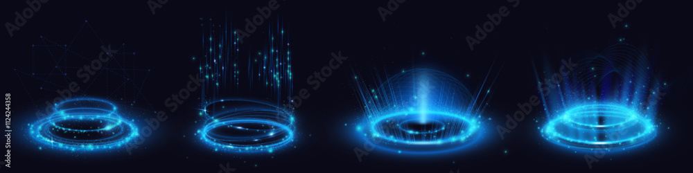 Neon blue light circles set isolated on black background. Vector realistic illustration of round platforms with protective dome, hologram portal, bright energy sparkles, futuristic space teleport