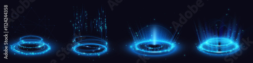 Neon blue light circles set isolated on black background. Vector realistic illustration of round platforms with protective dome, hologram portal, bright energy sparkles, futuristic space teleport