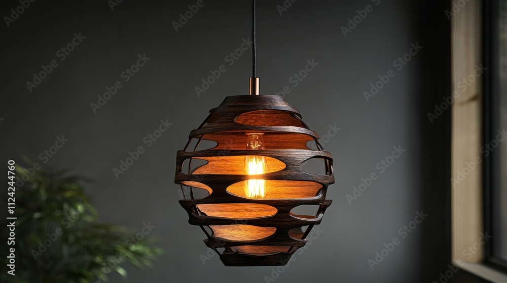 Intricate wooden pendant light illuminates a dark room. Intricate wooden pendant light illuminates a dark room.