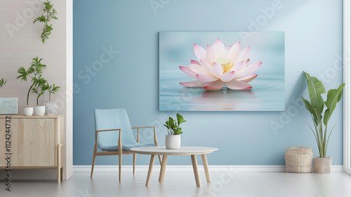 Minimalist abstract lotus flower floating on serene water, pale pink and light blue tones, calming and tranquil design, high definition background, mock up wallpaper