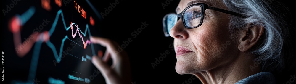 Elderly woman analyzing financial data on a digital screen, contemplating trends and insights with a focus on future investment opportunities and market behavior Elderly woman analyzing financial data on a digital screen, contemplating trends and insights with a focus on future investment opportunities and market behavior