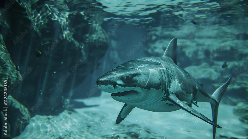 Fototapeta premium A majestic great white shark swims in crystal-clear water, surrounded by rocks and gentle light beams illuminating the underwater landscape.