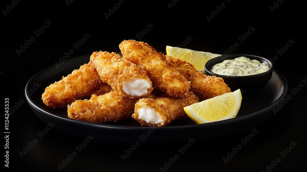 Crispy fish fingers served with lemon and sauce on plate, dark background