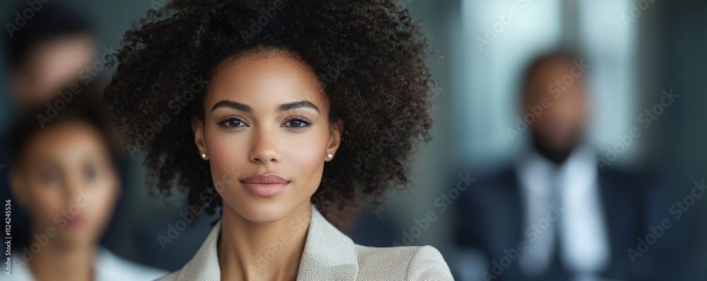 Fototapeta premium Confident Businesswoman in Professional Attire with Curly Hair and Focused Expression in Modern Office Environment Surrounded by Colleagues
