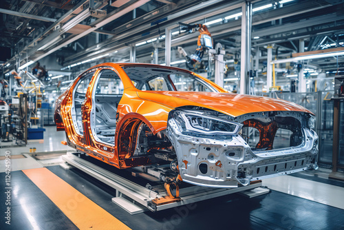 Vertical interior photo of car factory assembly line in auto manufacturing plant