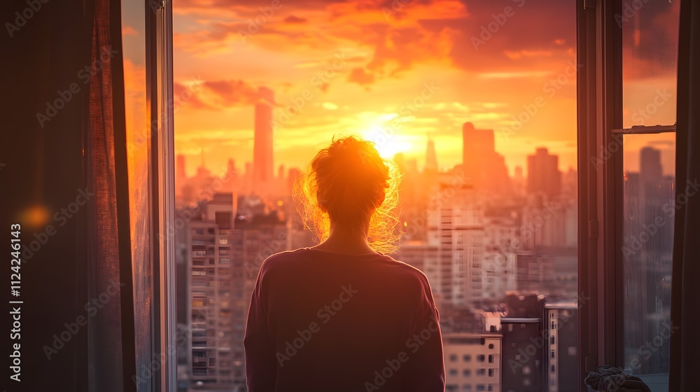 A person looking out the window towards a sunrise leaving behind the old cityscape with the glow of the future ahead A person looking out the window towards a sunrise leaving behind the old cityscape with the glow of the future ahead