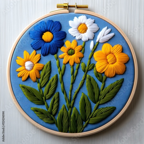 Embroidered Floral Hoop: A vibrant and intricate floral design, meticulously stitched in a circular hoop, showcasing a variety of flowers in blue, yellow, and white hues. photo