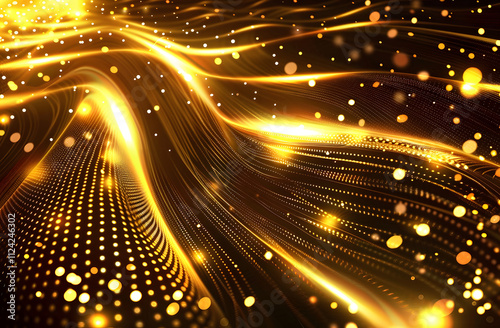 Abstract golden waves with glowing particles, creating a dynamic, luminous background.