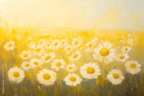 Sun kissed daisy field in abstract impressionism, bright yellows and whites with a glowing golden hour atmosphere, high definition background, mock up wallpaper photo