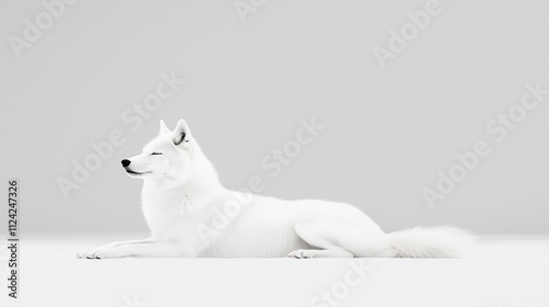 serene white wolf lying in relaxed pose, exuding gentle expression