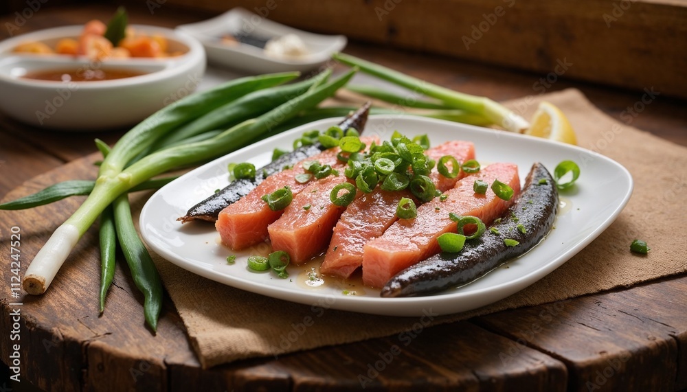 Sliced Red Fish with Green Onions on a White Plate on a Wooden Table Sliced Red Fish with Green Onions on a White Plate on a Wooden Table