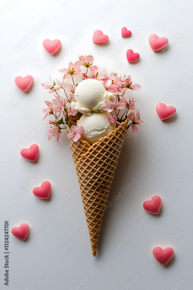 Sweet waffle cone filled with ice cream, adorned with flowers and heart-shaped candies on a light background Sweet waffle cone filled with ice cream, adorned with flowers and heart-shaped candies on a light background