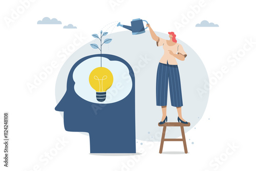 Growth concept, Businesswoman watering light bulb in businessman's head, The concept of idea growth, Development of skills or attitudes, Growth Inspiration, Flat vector design illustration.