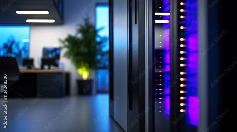 Modern server room interior at night with glowing server rack. Modern server room interior at night with glowing server rack.