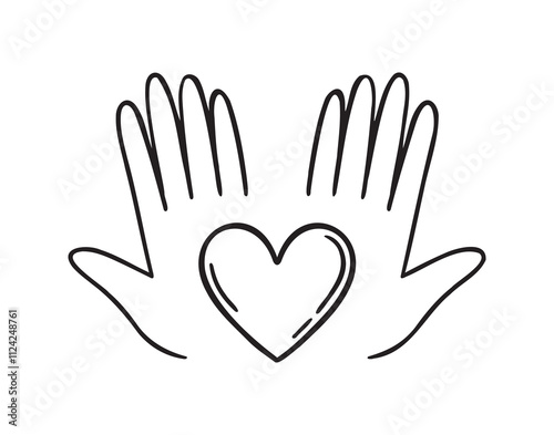 heart in palms of hands doodle hand drawn icon. Love Relationship concept outline drawing hands and heart line clipart symbol