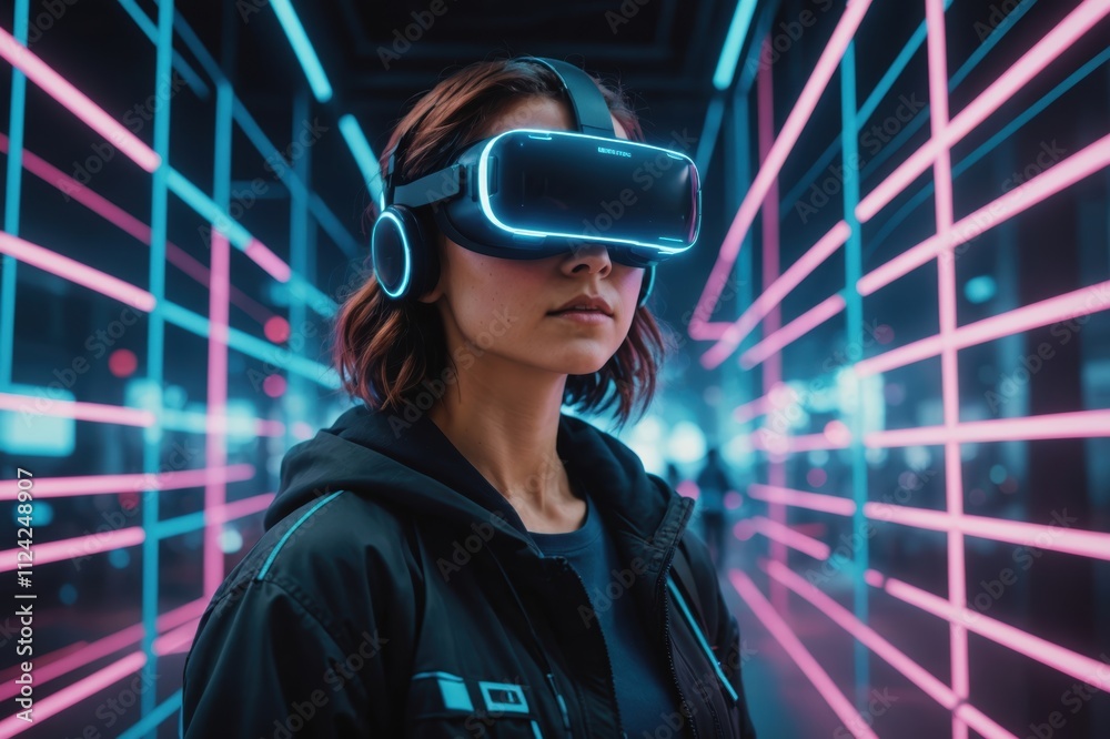 Metaverse digital Avatar, Metaverse Presence, digital technology, cyber world, virtual reality, futuristic lifestyle. Woman in VR glasses playing AR augmented reality NFT game with neon blur lines Metaverse digital Avatar, Metaverse Presence, digital technology, cyber world, virtual reality, futuristic lifestyle. Woman in VR glasses playing AR augmented reality NFT game with neon blur lines