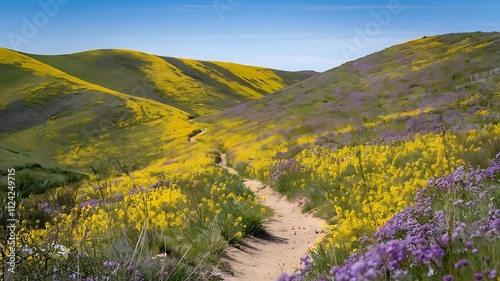 Gently rolling hills covered in wildflowers, with a winding path leading through the vibrant landscape