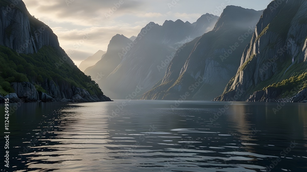 A Nordic fjord with steep cliffs and calm waters under soft, misty light A Nordic fjord with steep cliffs and calm waters under soft, misty light