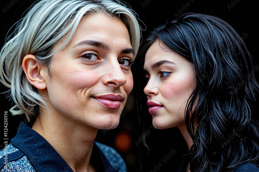 Two women with blonde hair and black hair are standing next to each other. One of them is smiling Two women with blonde hair and black hair are standing next to each other. One of them is smiling