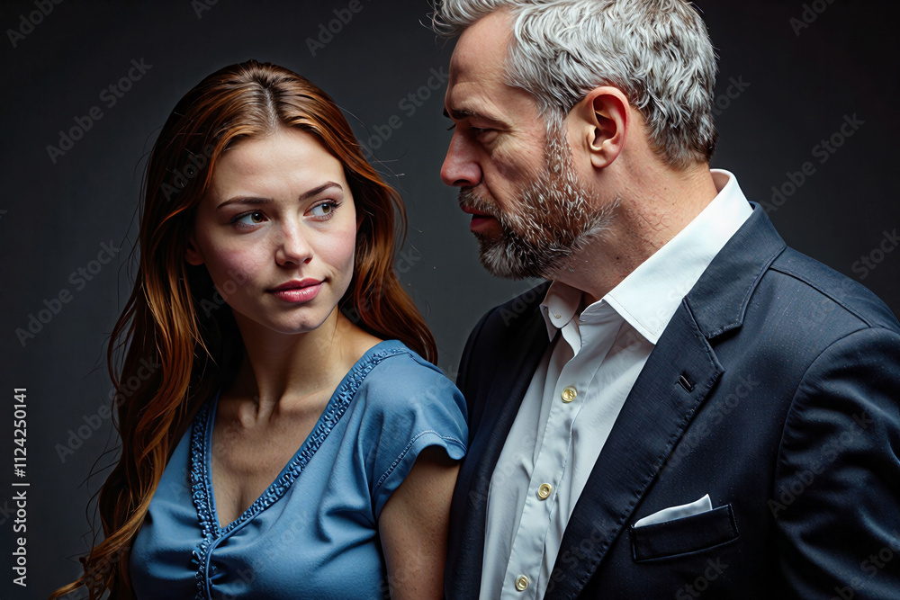 A man and a woman are standing next to each other. The man is wearing a suit and the woman is wearing a blue dress. They are both looking at the camera A man and a woman are standing next to each other. The man is wearing a suit and the woman is wearing a blue dress. They are both looking at the camera
