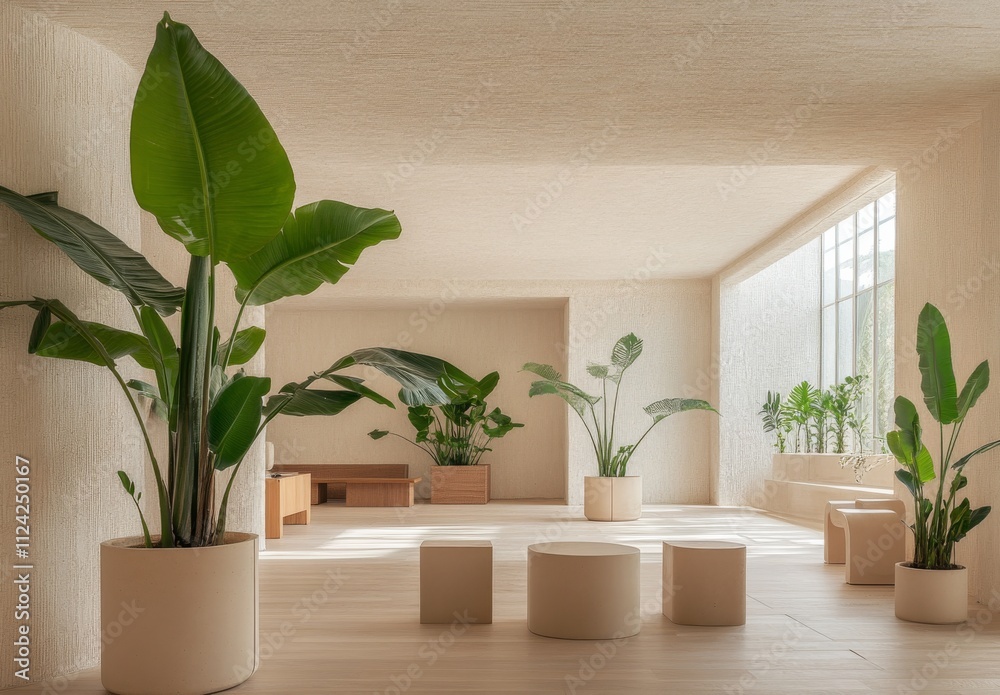 Beige modern interior with large plants in beige pots on a parquet floor, white walls, and wooden furniture.