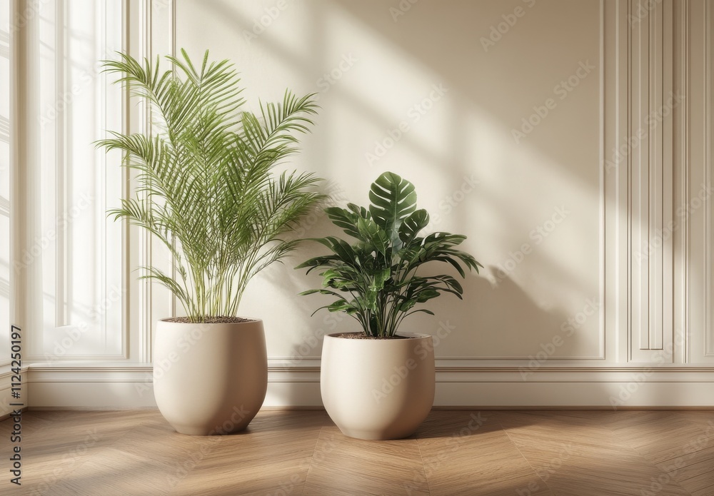 Beige modern interior with large plants in beige pots on a parquet floor, white walls, and wooden furniture. Beige modern interior with large plants in beige pots on a parquet floor, white walls, and wooden furniture.